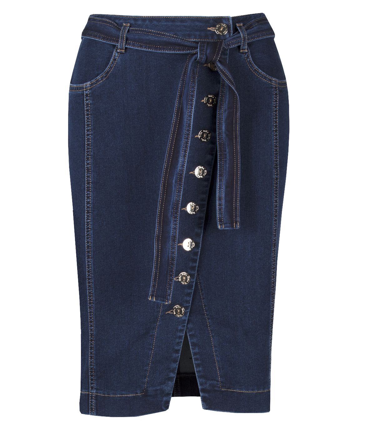 Cotton denim skirt with diagonal buttons and textile belt 0